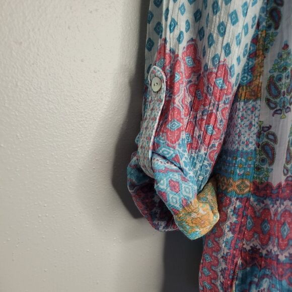 Ruby Rd boho button front roll tab sleeves mix print patchwork size small - Picture 3 of 7